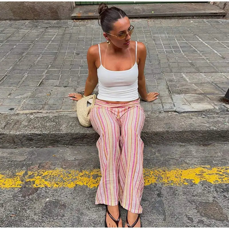 Striped Women's Trousers Low Waist Tie Casual Pants Vertical Stripe Floor Length Pants Daily Fashion Wear 2026 Collection