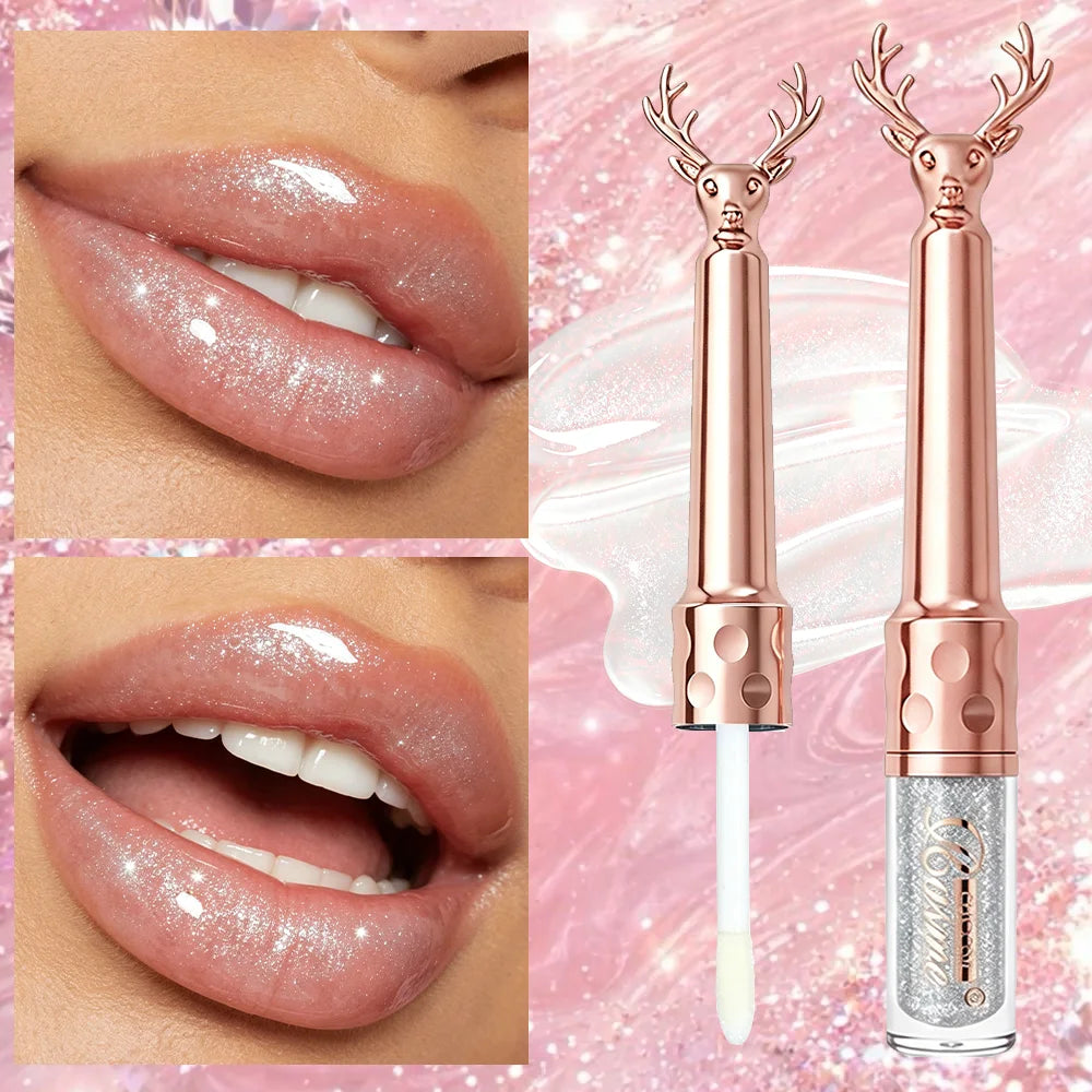 CHOOSE RASME Deer Antlers Fine Shining Lip Gloss, Gilded Gold Silver Shining Glass Lip Stack Coating, Brightening Dudu Lip Oil