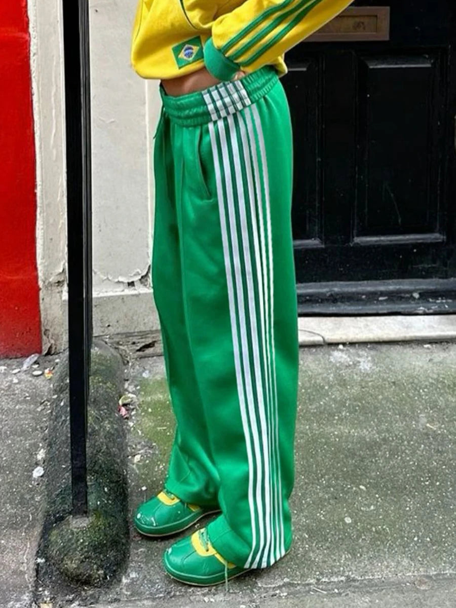 New Fashion Womens Striped Pants Loose Elastic Waist Drawstring Straight Leg Casual Sweatpants With Pockets Streetwear S M L