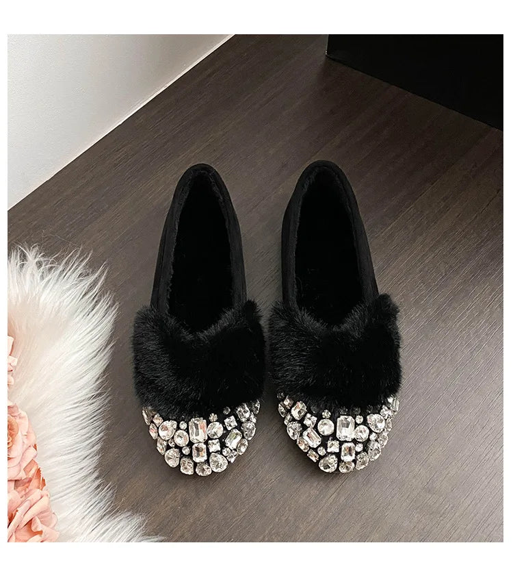 Luxury Glitter Rhinestone Ladies Plush Flat Shoes Female Cozy Crystal Decorate Loafers Winter Warm Walking Driving Shoes Casual