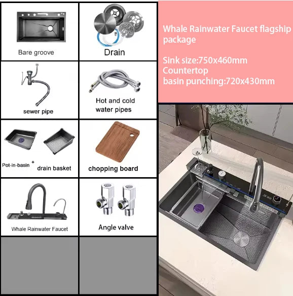 2026 Tiktok Newest Design 30 Inch Waterfall Faucet Black Bionic Honeycomb 304 Stainless Steel Big Single Bowl Kitchen Sink