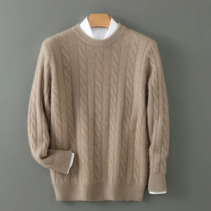 Men's Round Neck Pullover Sweater For Autumn Winter 100% Pure Mink Cashmere Knitted Sweater, Casual Long Sleeved Thick Warm Base