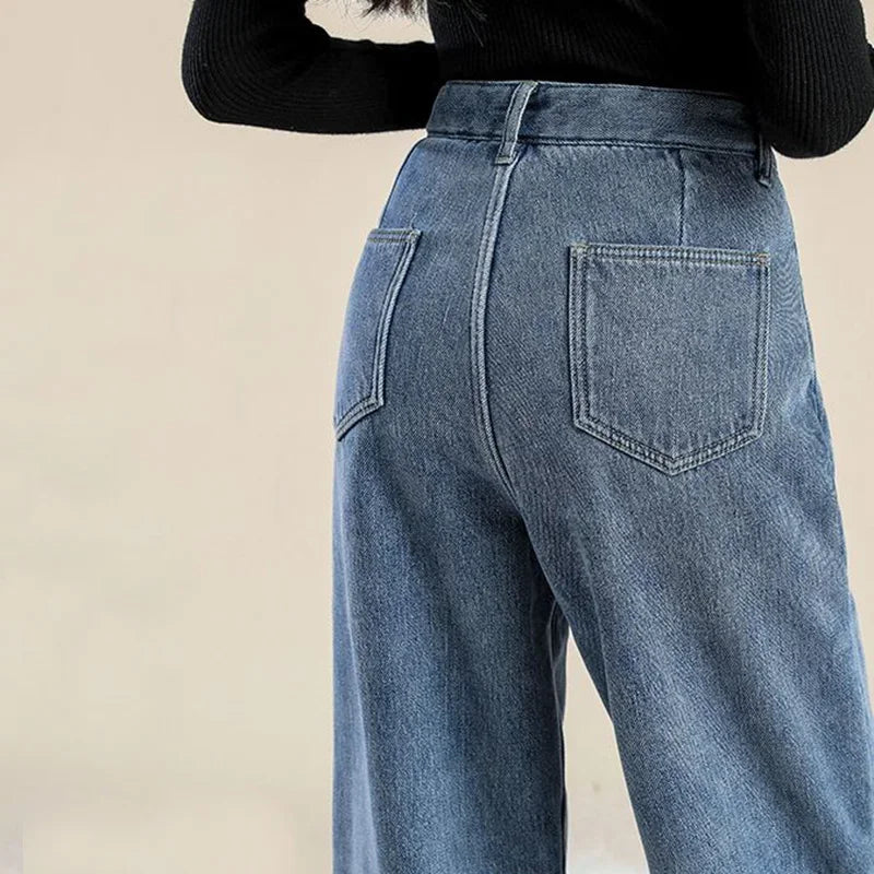 Hot Sale Winter Lady Thermal Plush High Waist Jeans Girls Snow Warm Denim Pants Women Classic Fleece Straight Leg Trousers
