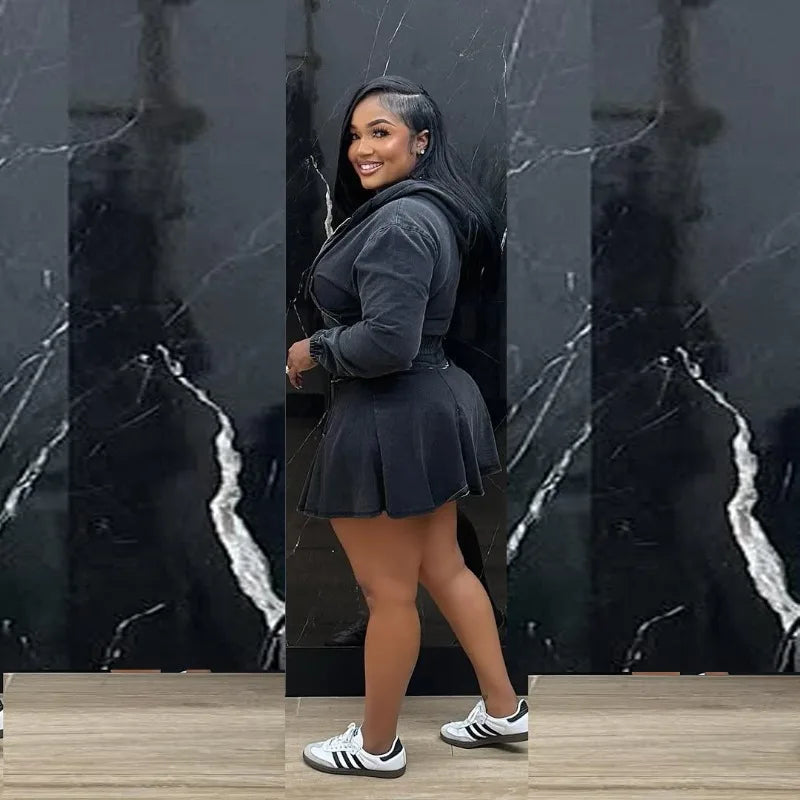 Streetwear Denim Set Woman Two Piece Outfit Casual Zipper Hooded Jacket Top and Mini Skirt Jeans Matching Sets Ensemble Femmes
