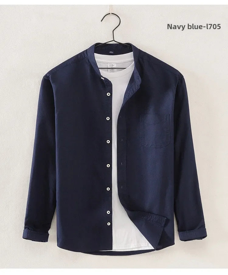 2027 Cotton Stand-up Neck Oxford Spinning Anti-wrinkle Casual  Spring  Autumn New Men's Shirt Jackets  Long Sleeve Shirt Men's