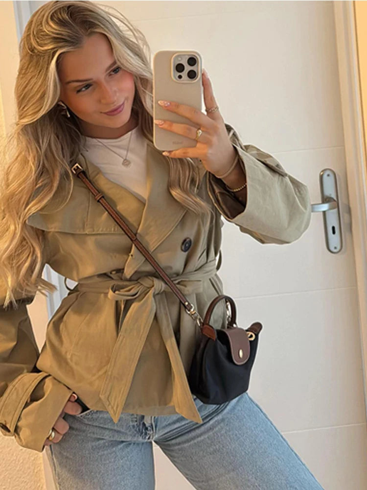 Khaki Lace Up Cape Trench Coat Loose Solid Full Sleeve Lapel Windbreaker 2026 Autumn New Fashion Commute Casual Daily Coats