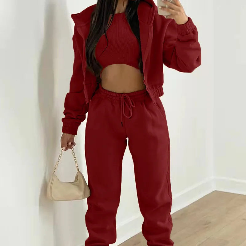 Ladies Tracksuit Zippered Hooded Jogger Tracksuit Thermal Lined Trousers Tracksuit Fashionable Athleisure Cozy Ensemble