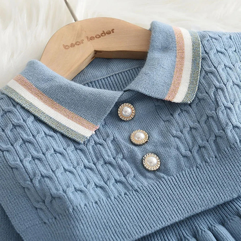 Bear Leader Kids Dresses for Girls Pearl Button Tricolor Striped Lapel Knit Skirt Winter College Style Children's Clothing