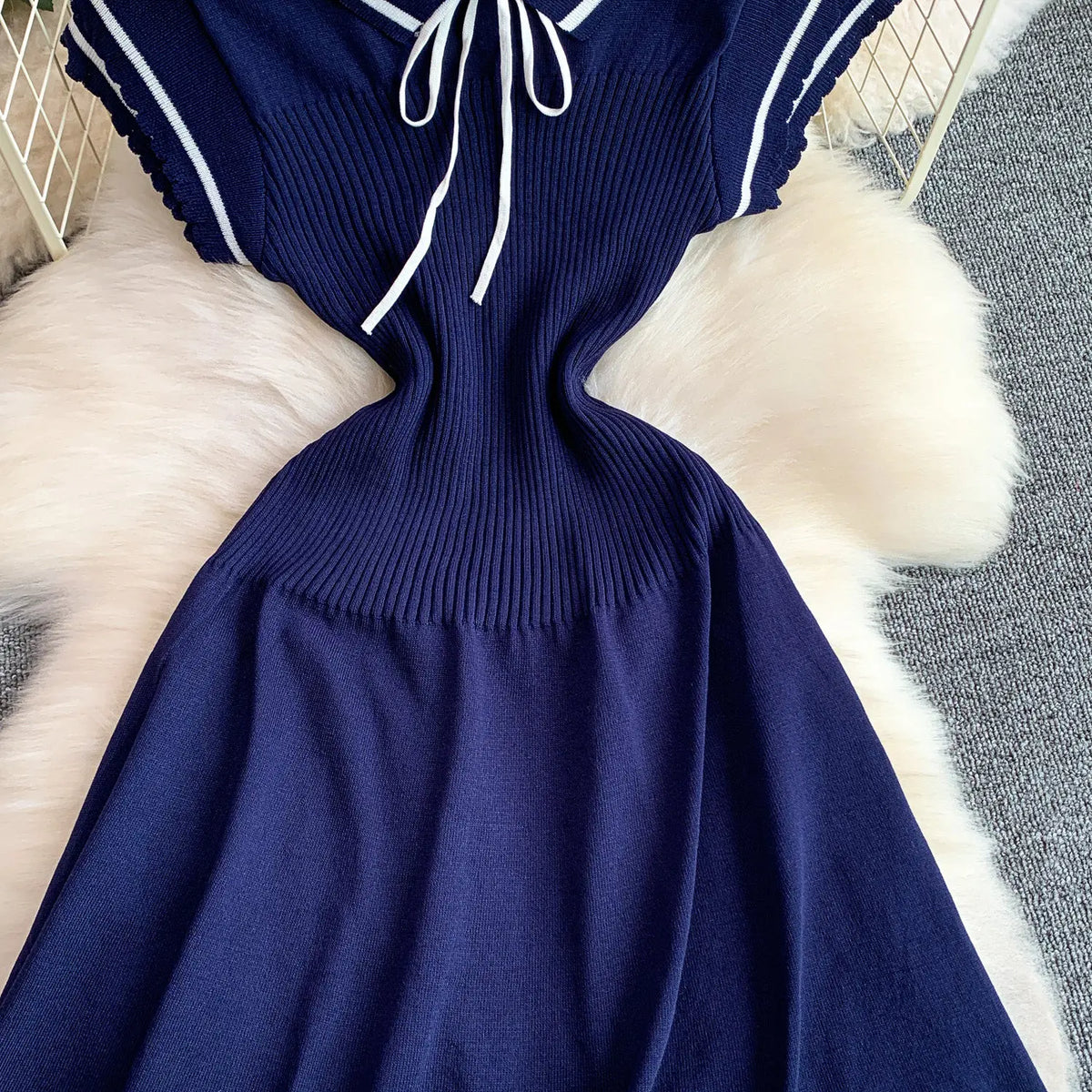 Summer Women Sweet Strechy Sundress Turndown Collar Short Sleeve Knitted Dress Lace Up Bow High Waist A-line Mini Dress