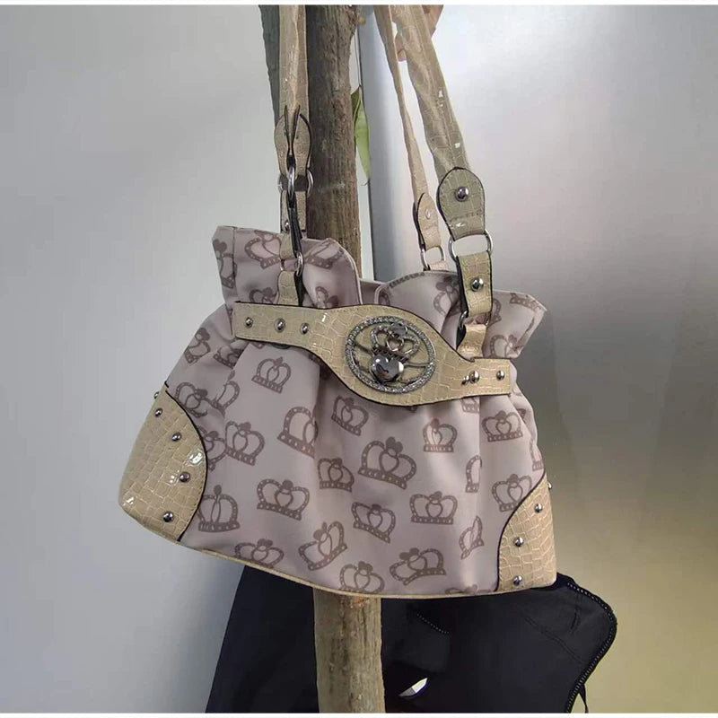 Luxury Women Rivet Handbag,Y2k Girls Metal Studded Underarm Shoulder Bag,Niche Belt Buckle Commuter Chic East-West Tote Bag