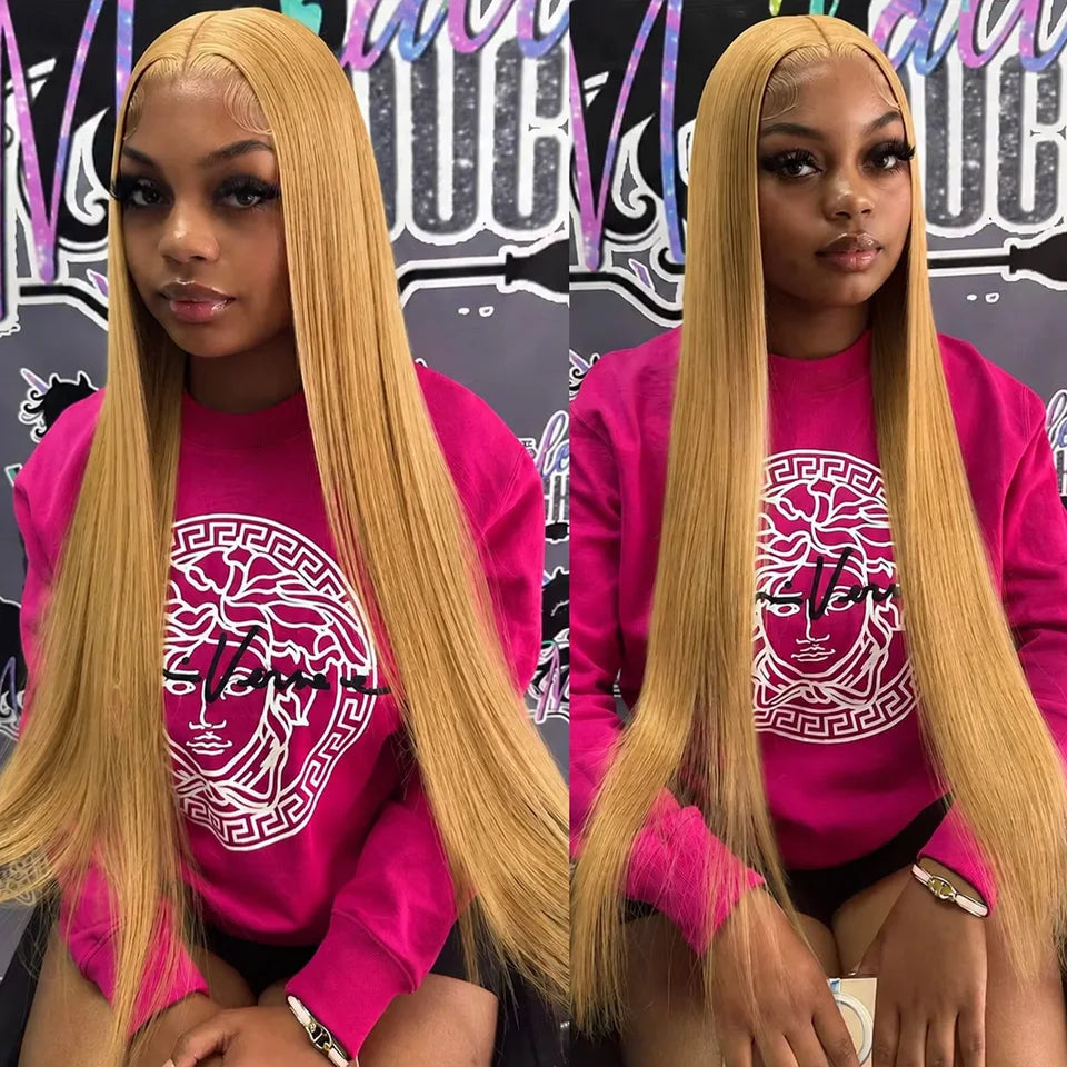 13x6 27# Honey Blonde Colored Human Hair Frontal Wigs Straight 200% 13x6 HD Transparent Lace Front Human Hair Wigs For Women