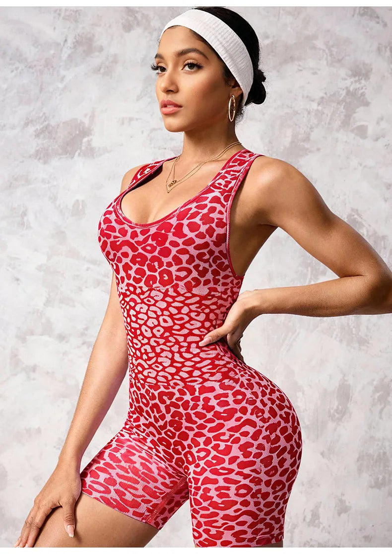 New Leopard Seamless Fitness Bodysuit Shorts Women Cross Strap High Stretch Yoga Jumpsuit Workout Fashion Butt Liftting Bodysuit