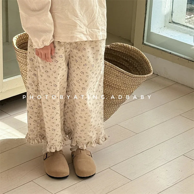 deer jonmi 2026 New Spring Baby Girls Wide Leg Pants Floral Printed Korean Style Corduroy Ruffles Toddlers Kids Casual Trousers