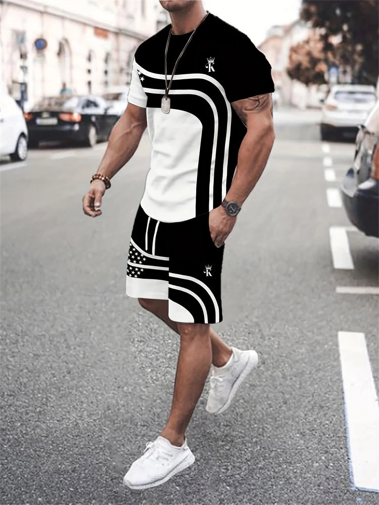 2026 New Spring/Summer Simple Letter 3D Printed Men's Casual Short-sleeved Set, Outdoor Street Fashion Trendy Men's Top And Shor