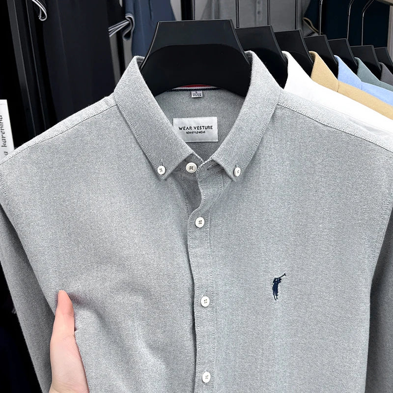 High End 100% Pure Cotton Long Sleeved Men's 2026 Spring Fashion Solid Color Business Casual Small Horse Logo Shirt