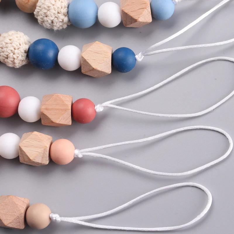 Baby Wood Crochet Round Bead Pacifier Chain Wooden Heart Dummy Holder Clip For Baby Teether Teething Chain Nursing Chew Toy Gift