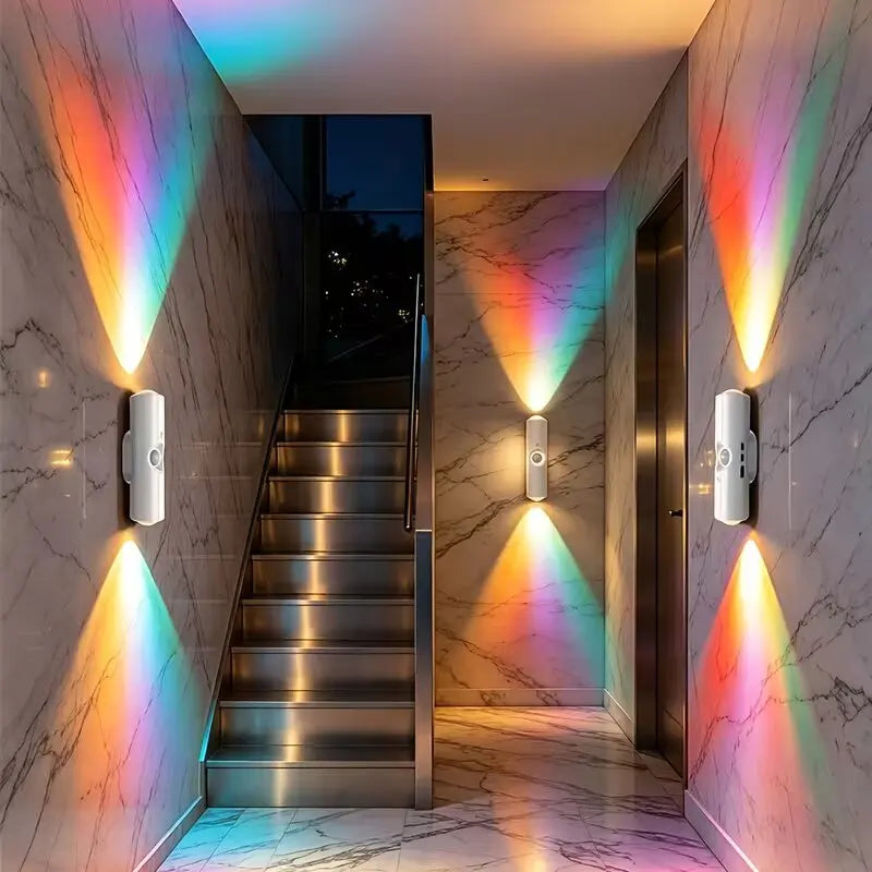 RGB Motion Sensor LED Wall Lamp Type-C Rechargeable Up-Down Dual Lighting Color Changing Neon Mood Light Dimmable Nightlight for Bedroom Corridor Stair Decor Christmas Gift