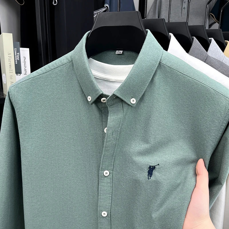 High End 100% Pure Cotton Long Sleeved Men's 2026 Spring Fashion Solid Color Business Casual Small Horse Logo Shirt