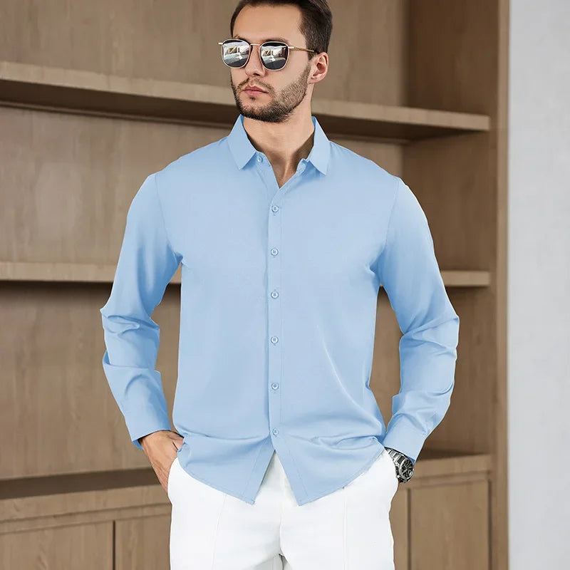 New Men's Business Casual Long Sleeved Solid Color Shirt Wrinkle Resistant Wrinkle Free Comfortable All Season Versatile Top