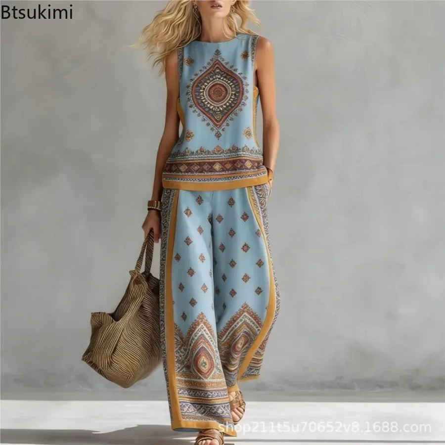 New Fashion Retro Printed Sleeveless Tops Trousers 2-piece Sets Women's Summer Casual Vest Loose Wide Leg Trousers Female Suit