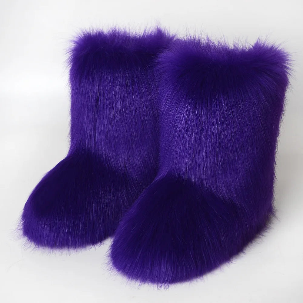 Women's Winter Snow Boots Outdoor Luxury Furry Faux Fox Fur Boots Woman Plush Warm Platform Shoes New Fashion Bottes Big Size 46