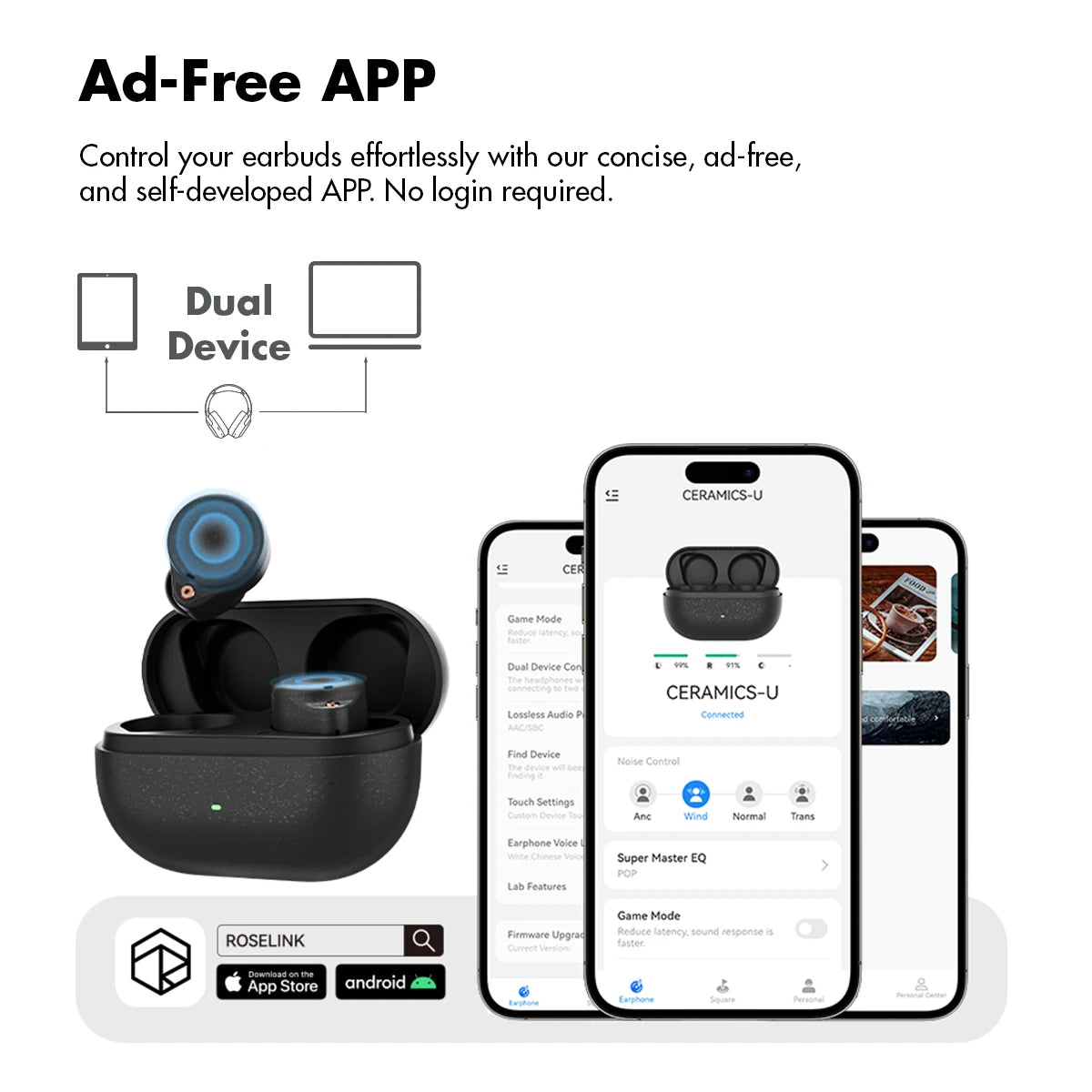 ROSESELSA Ceramics Ultra True Wireless Earbuds, Hi-Res LDAC/LHDC Audio, HR+ Planck Driv，50dB Hybrid ANC Earphones,4 Mic AI Call