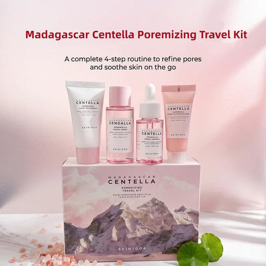 Korean Centella Pink Salt Travel Kit,PoreMizing Toner,Foam,Pore Care Fresh Ampoule and Light Gel Cream Daily Skincare Mini Sets