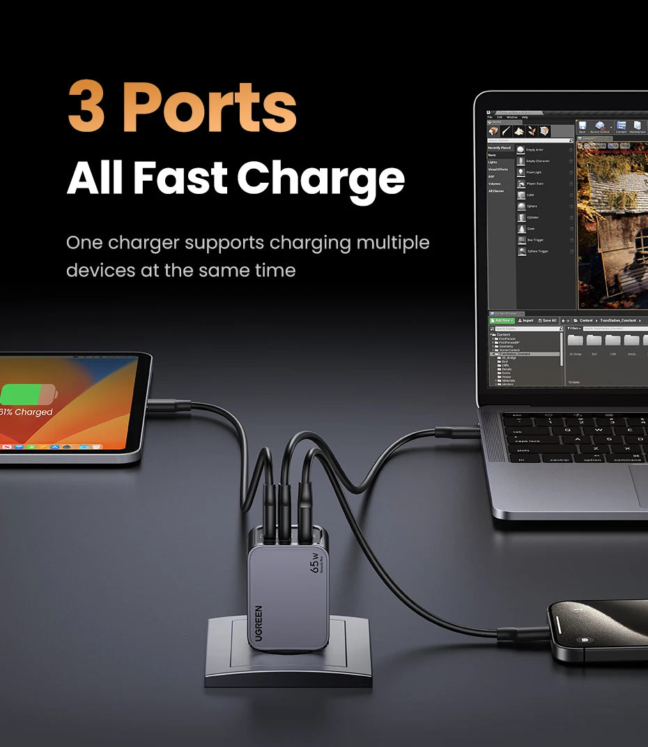UGREEN 65W GaN Charger Type C Quick Charge 4.0 3.0 USB Charger For iPhone 18 17 16 Pro Macbook Air Laptop Tablet PD Fast Charger