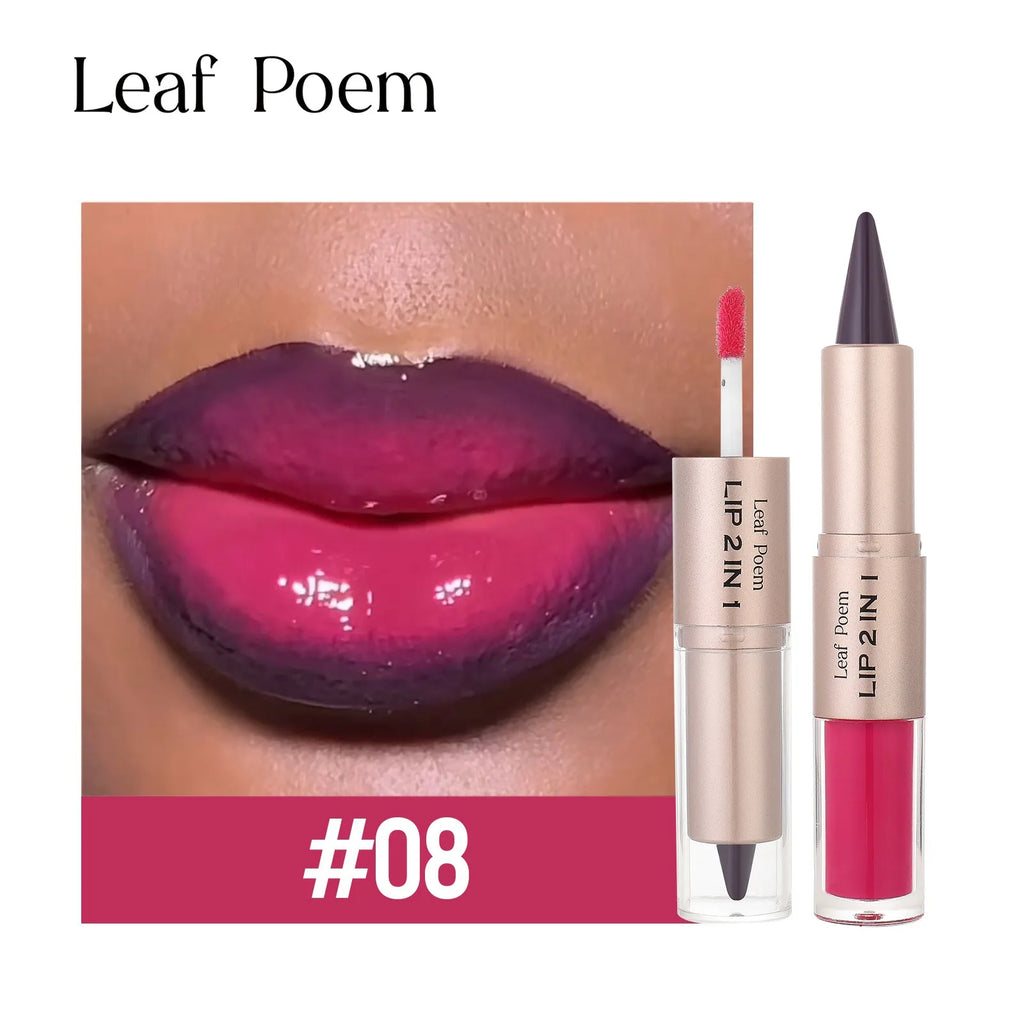 2 In 1 Dark Plum Pink Lip Makeup Matte Outline Lip Liner Mirror Plumping Lip Glaze Waterproof Lip Contour Non Stick Makeup
