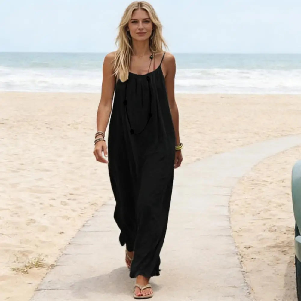 Women's Backless Cami Dress Summer Casual Sleeveless Boho Beach Maxi Dress Spaghetti Strap Vacation Long Sundress with Back Tie