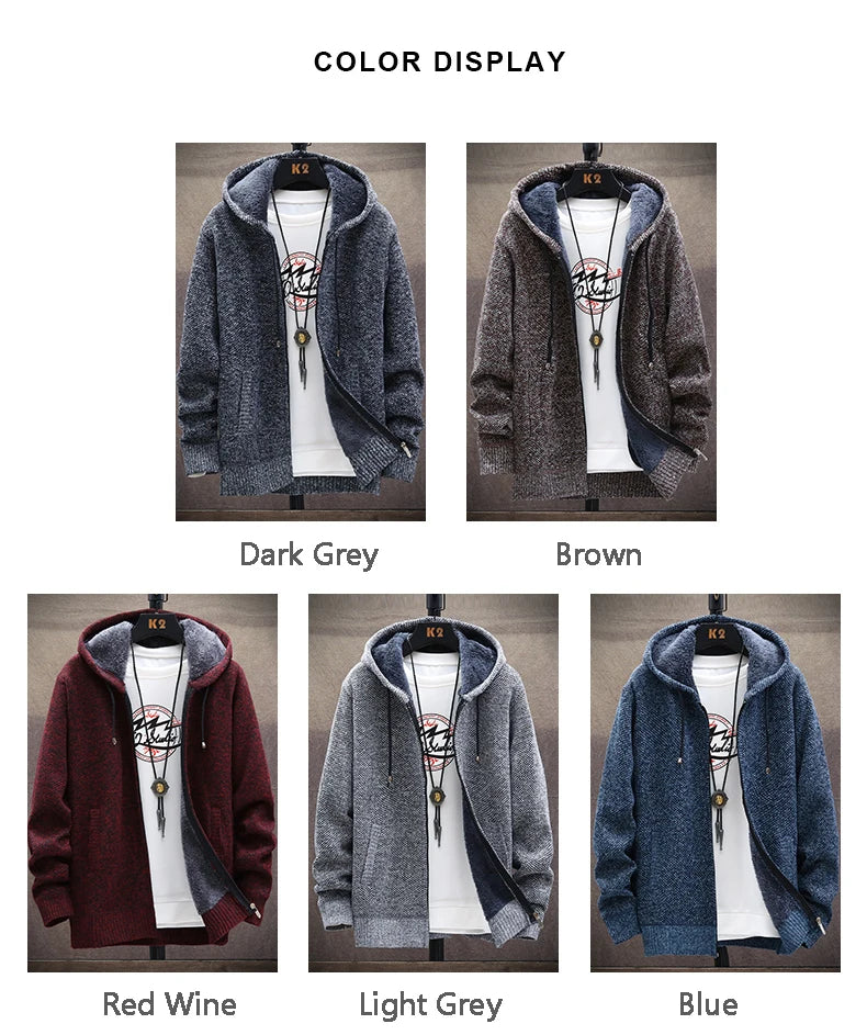 Autumn Winter Men's Sweaters Hooded Knit Cardigan Korean Sweaters Jacket Fleece Lined Hoodies Windbreaker Coat