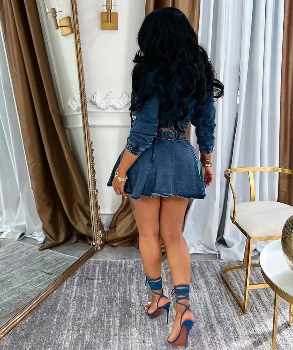 Streetwear Jeans Mini Skirt Outfits Sexy Women Elegant Two Pieces Sporty Club Matching Set Denim Hooded Top+Skirt