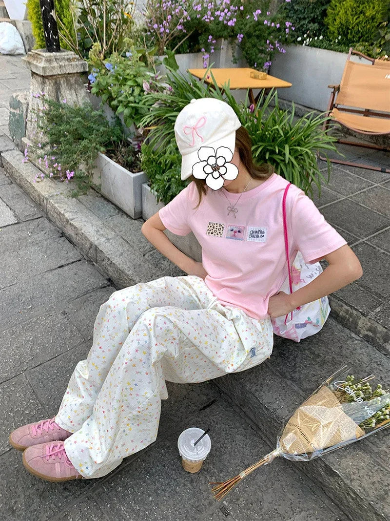 Korean Vintage Stars Print Letter Cargo Pants Women Fashion High Waist Wide Leg Trousers Casual Loose Preppy Style Female Pants