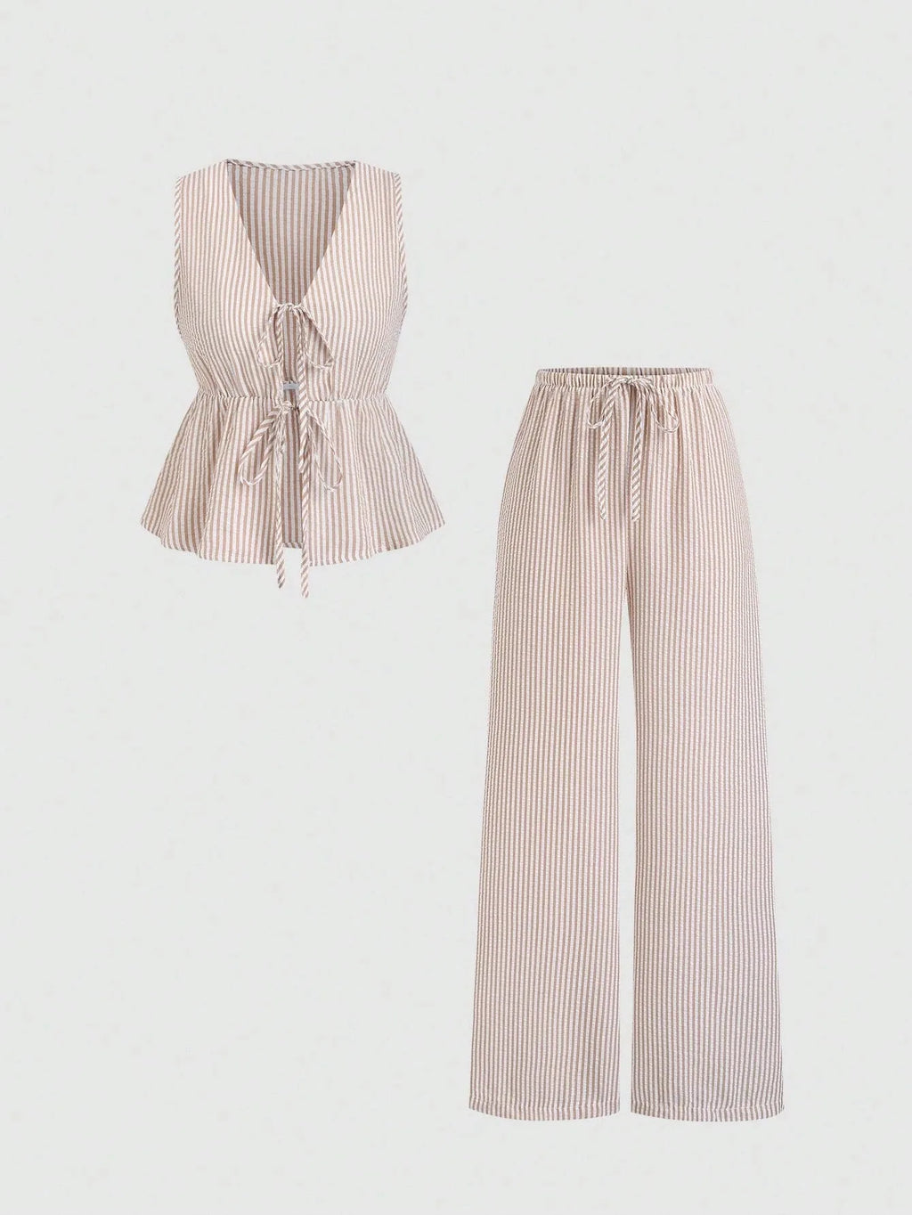 2026 European‑style Summer Solid‑Color Striped Outfit, Tie‑Strap Tank Top & Loose Trousers, Casual Sweet Two‑Piece Set
