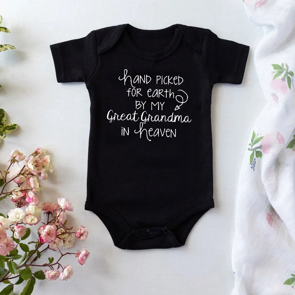 Hand Picked For Earth By My Great Grandma In Heaven Baby Summer Bodysuits Cotton Newborn Jumpsuit Short Sleeve Body Baby Outfits
