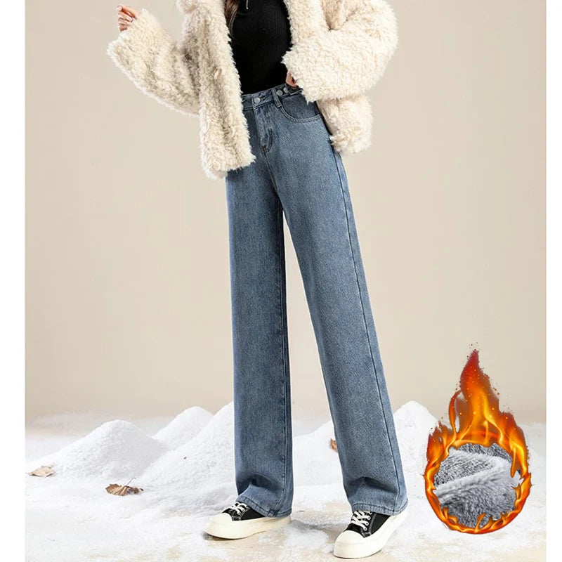 Hot Sale Winter Lady Thermal Plush High Waist Jeans Girls Snow Warm Denim Pants Women Classic Fleece Straight Leg Trousers