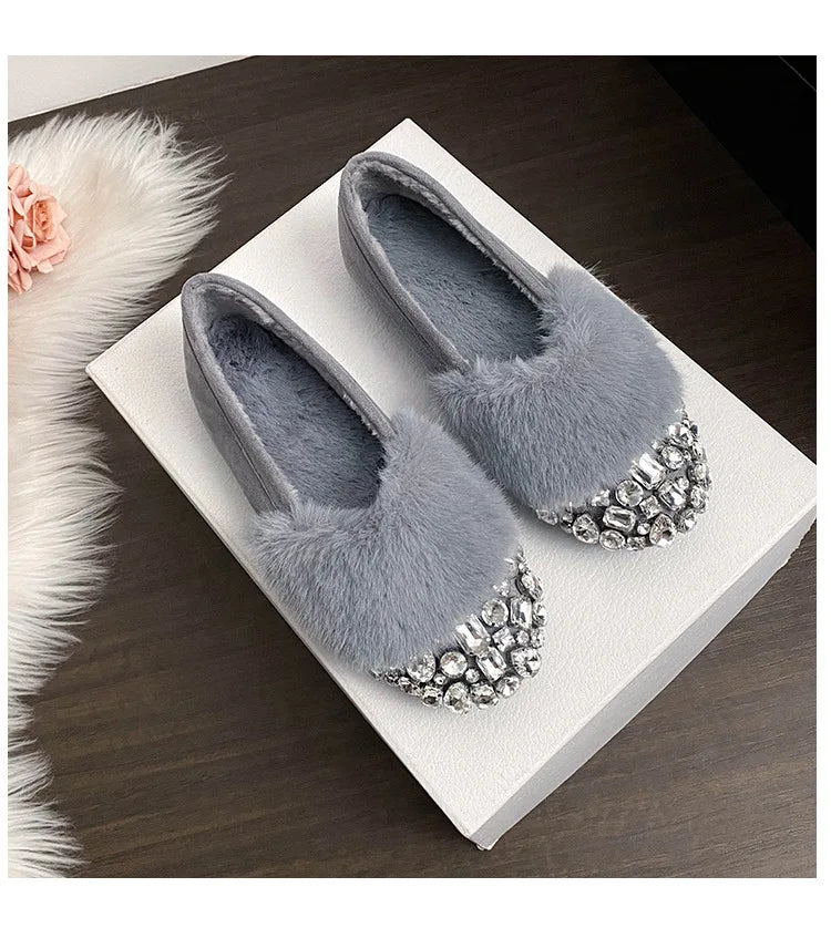 Luxury Glitter Rhinestone Ladies Plush Flat Shoes Female Cozy Crystal Decorate Loafers Winter Warm Walking Driving Shoes Casual