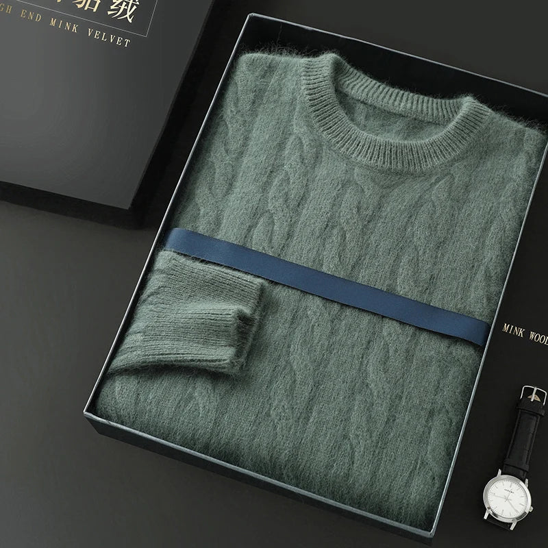 Men's Round Neck Pullover Sweater For Autumn Winter 100% Pure Mink Cashmere Knitted Sweater, Casual Long Sleeved Thick Warm Base