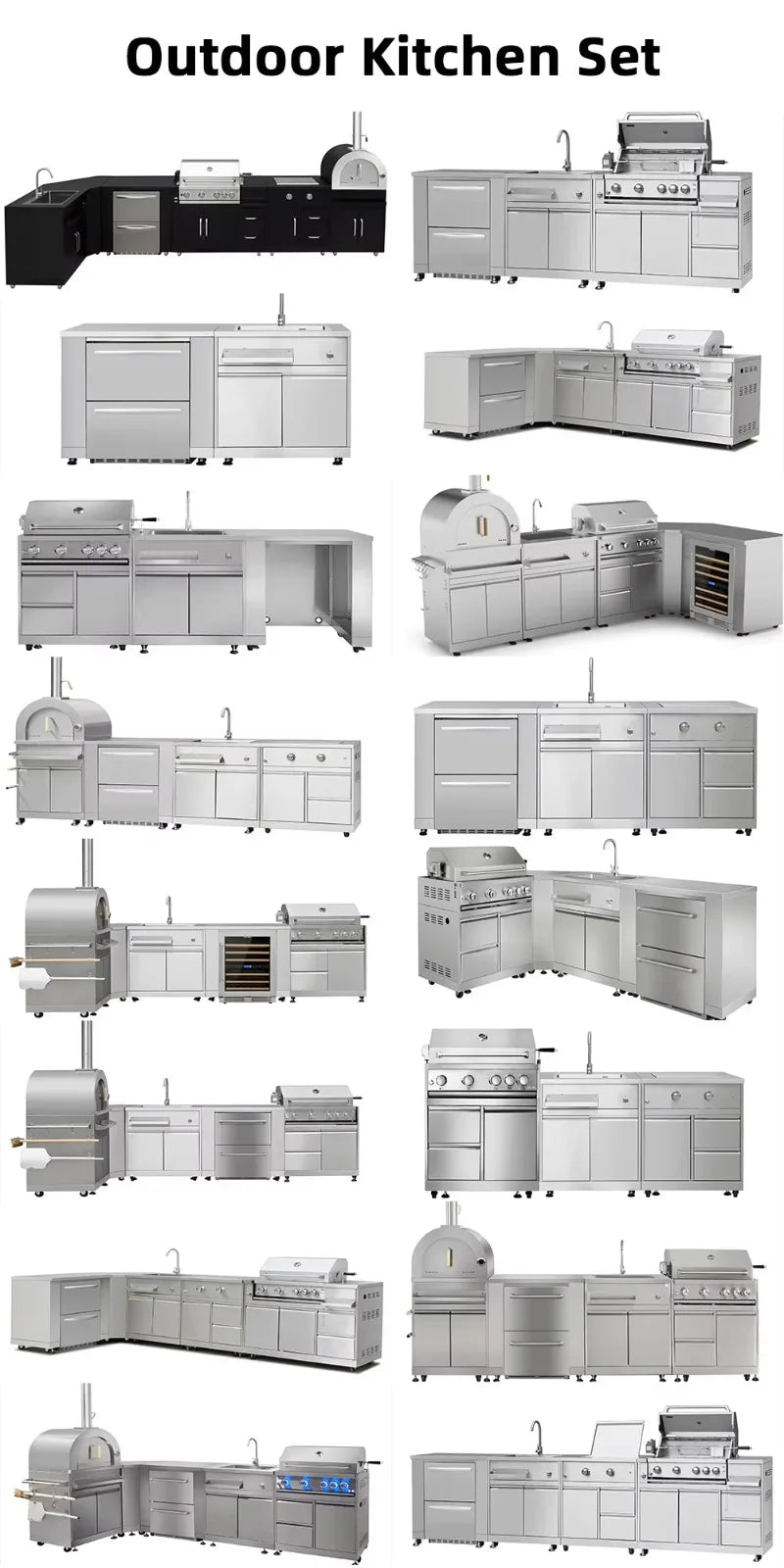 Luxury Outdoor Kitchen Island Set with Built-in Gas BBQ Grill, Pizza Oven & Storage Drawers Prefabricated Patio Cooking Station