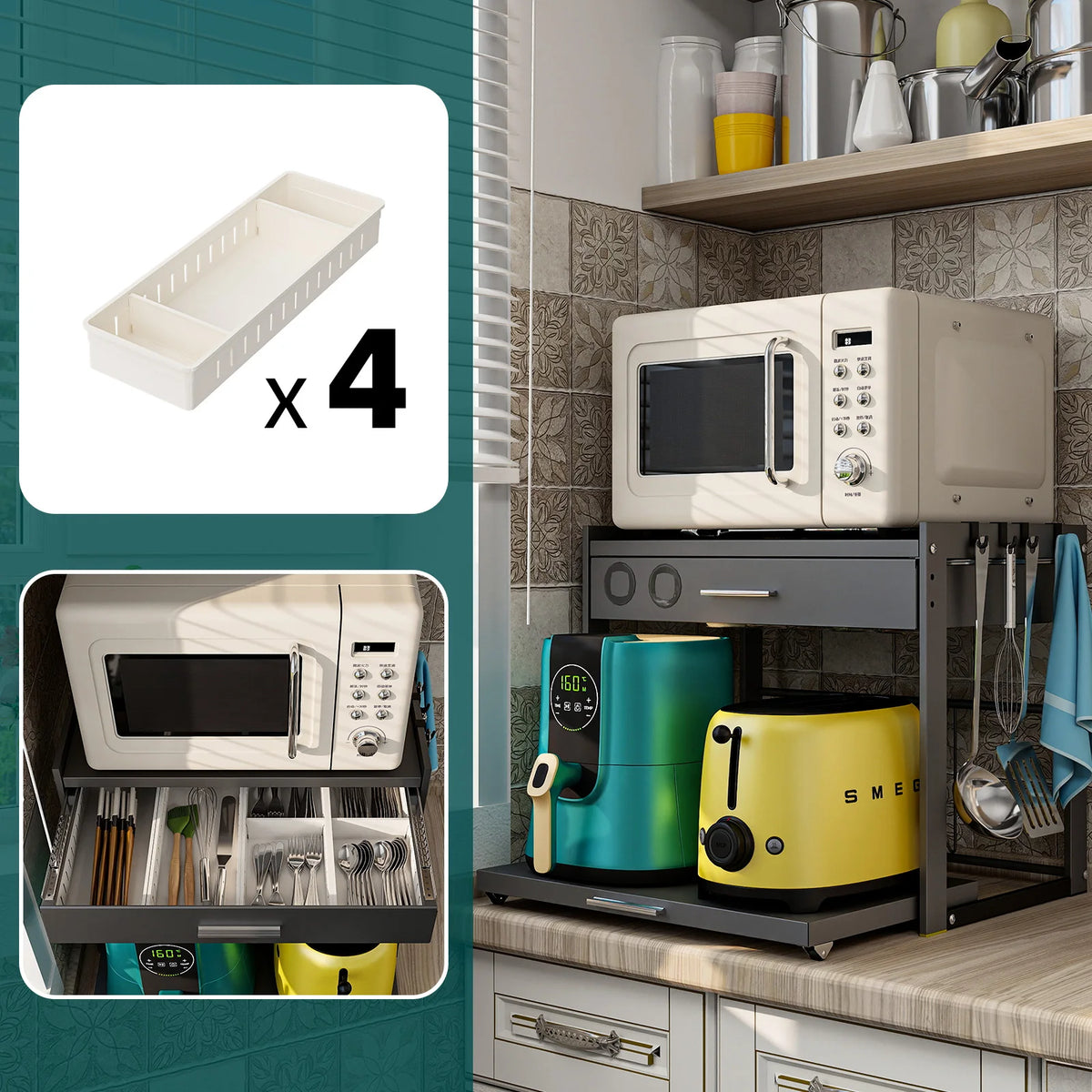2 Tier Microwave Stand with Storage Drawer, Kitchen Countertop Organiser with Utensil Hooks, Storage Shelf for Oven & Air Fryer
