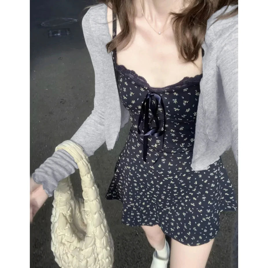 Women's Bodycon Navy Floral Camisole Dress And Plain Knit Cardigan Set Petite Slim Fit Fall Outfit Chic Vacation Cover-Up Spring