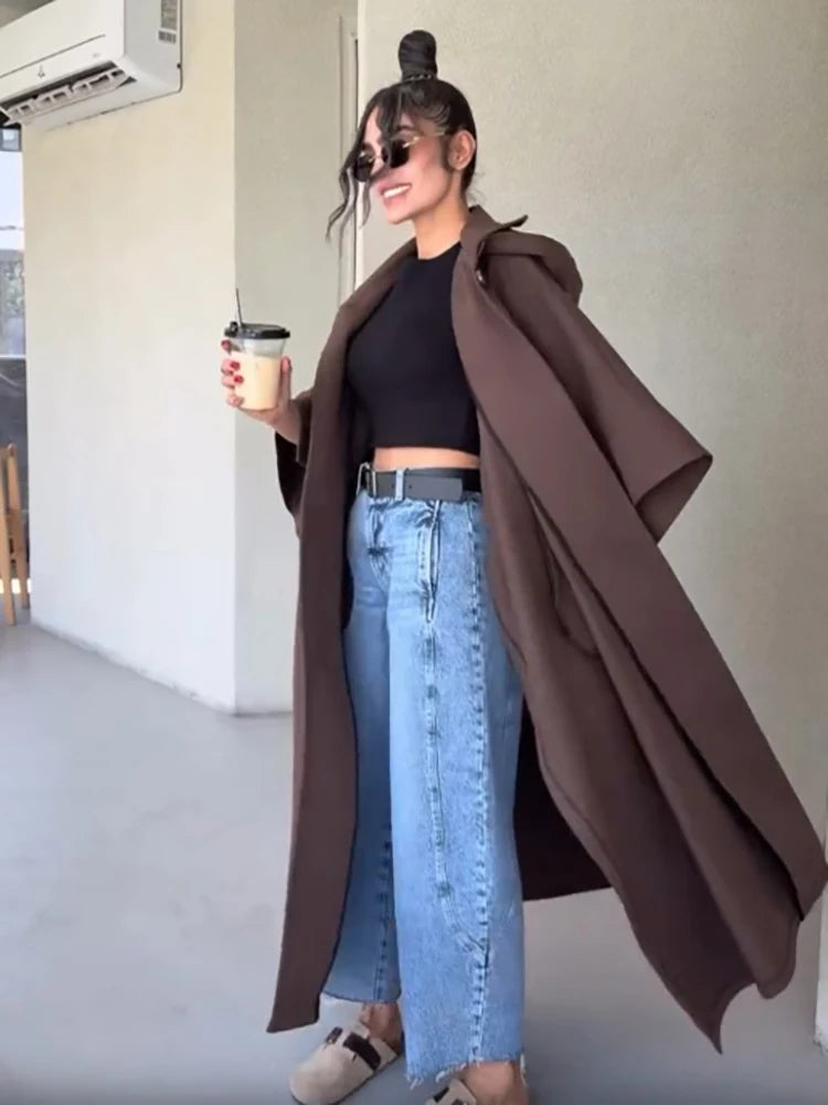Fashion Solid Cape‑style Long Overcoat Women Oversize Hooded Self‑tie‑belt Wide 3/4 Sleeve Trench Coat New Fall Female Outerwear