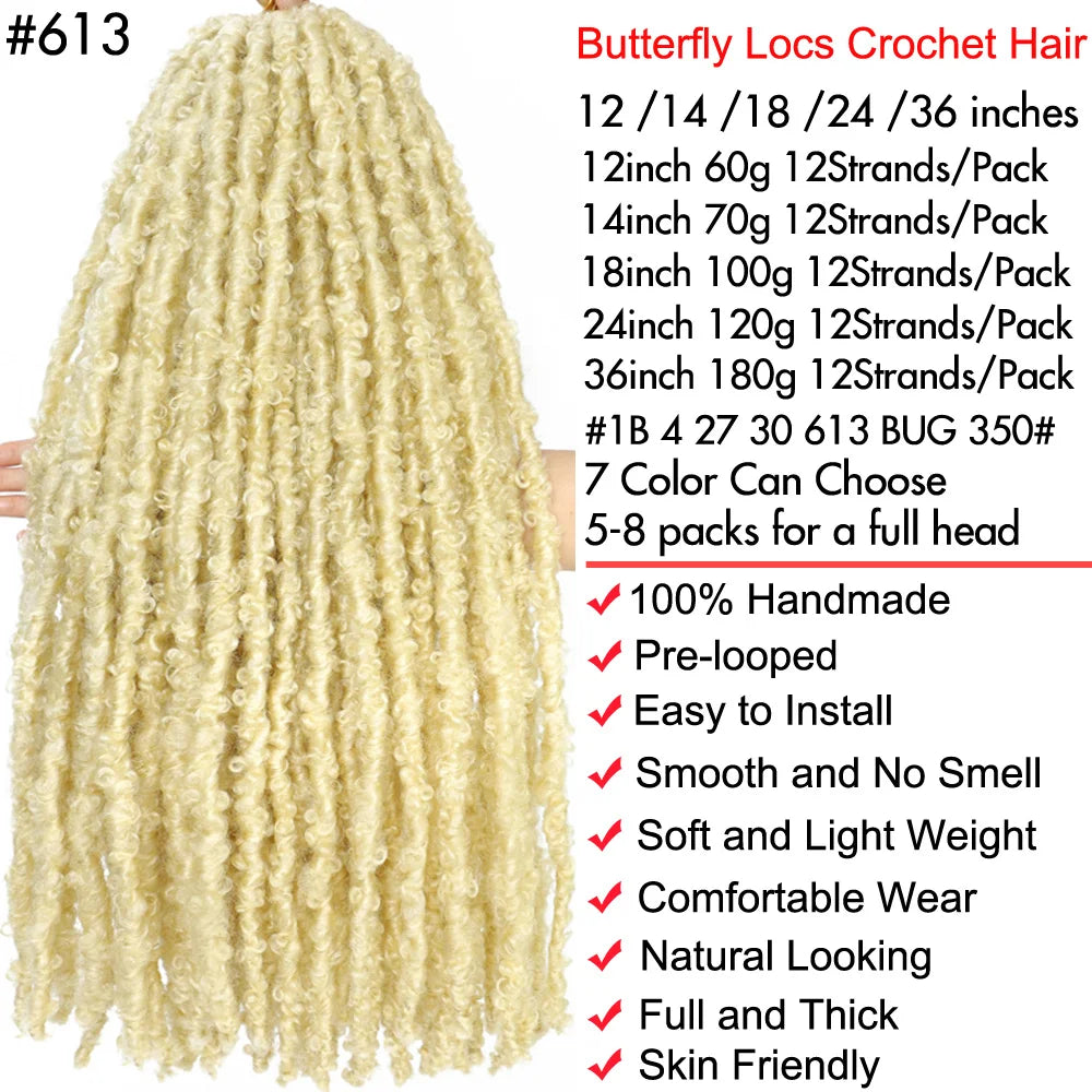 1- 6Packs Butterfly Locs Crochet Hair 36 24 18 14 12inch Pre Twisted Natural Black Distressed Faux Locs Crochet Braids for Women