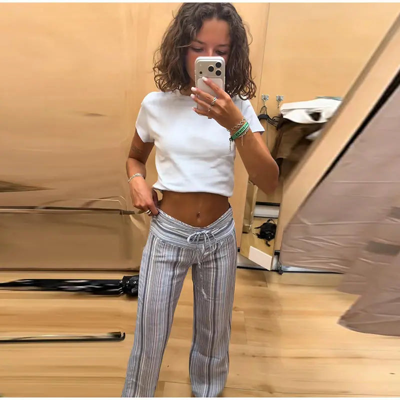 Striped Women's Trousers Low Waist Tie Casual Pants Vertical Stripe Floor Length Pants Daily Fashion Wear 2026 Collection