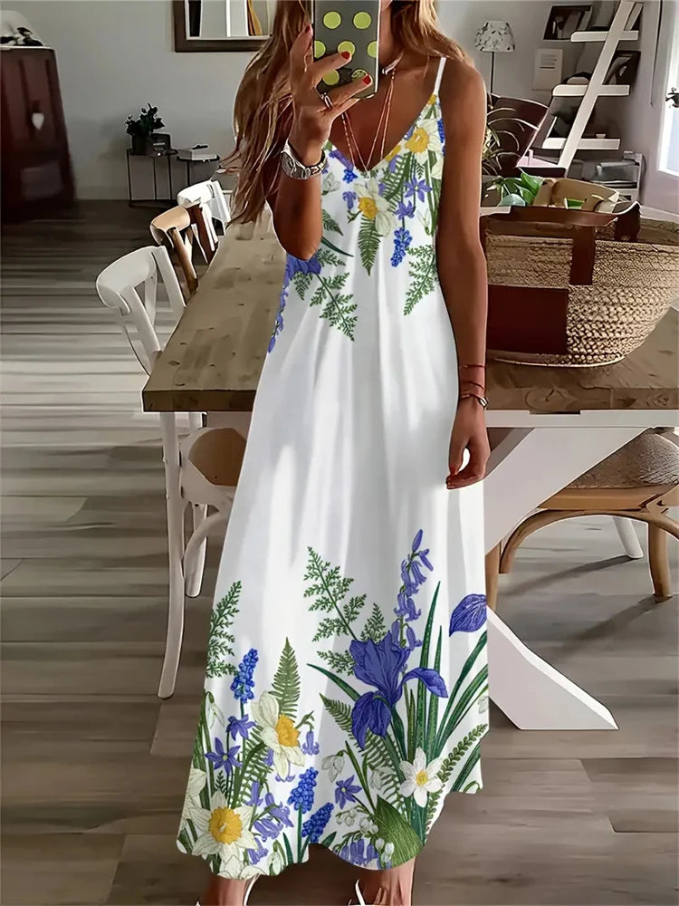 2024 New Women's Vintage Print Sleeveless Floor-Length Sundress Fashion V-Neck Slip Dress Bohemia Casual Loose Holiday Clothing