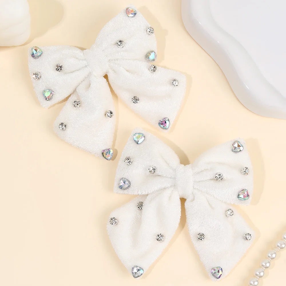 Velvet Bow Hair Clips with Heart Rhinestone Detail, 2-Pack