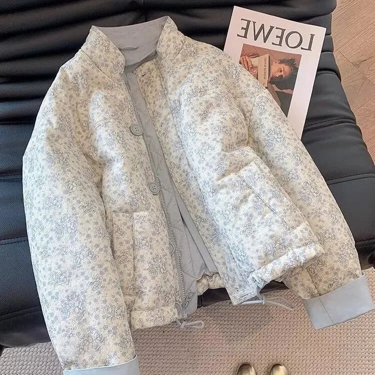 Blue Printed Stand Up Collar Cotton Jacket For Women's Winter 2024 New Casual Loose Korean Version Sweet Warm Cotton Jacket
