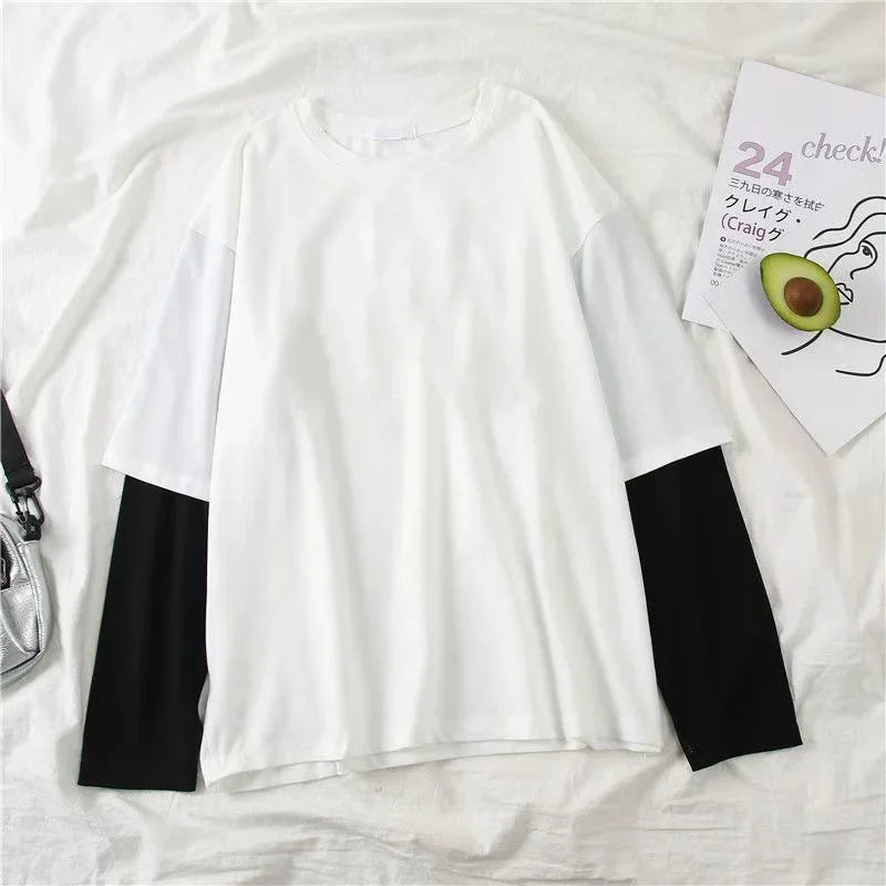 New Harajuku Black White Striped Y2K Long Sleeve Solid Color T-shirts Men Women Fall Fake Two Piece Long Sleeve Loose T-shirt