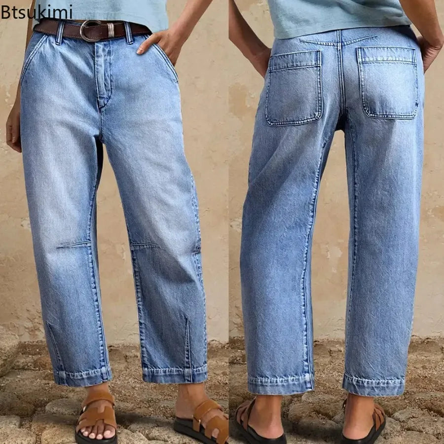 New Women High Waist Loose Straight‑Leg Cropped Jeans Washed Vintage Denim Ankle Pants Casual Daily Streetwear Denim Trousers