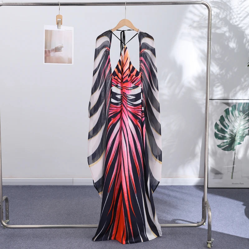 Printed Batwing Sleeve Halter Party Dress Women's Sexy Backless Full Sleeved Maxi Dresses 2026 Autumn Lady Evening Gown